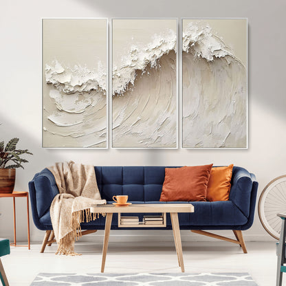 Textured canvas of an abstract white ocean wave in neutral tones, ideal for modern coastal or minimalist home decor.