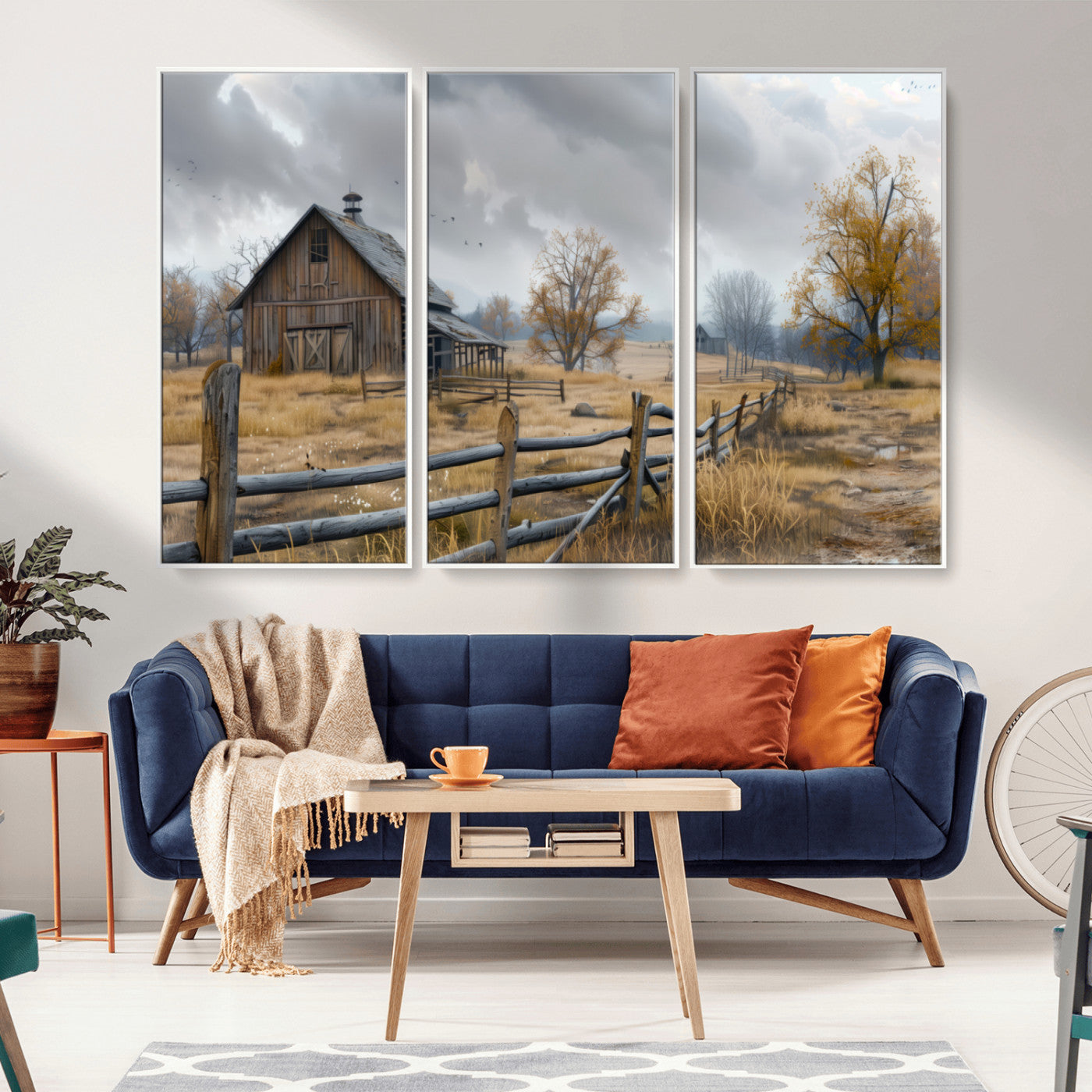 A tranquil rural scene featuring a rustic barn, overcast skies, and golden fields with scattered trees, evoking a sense of peaceful solitude in nature.