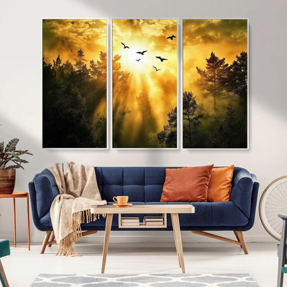 Canvas of a golden forest at sunset with birds flying through glowing sunbeams and silhouetted pine trees, ideal for warm-toned rustic decor.