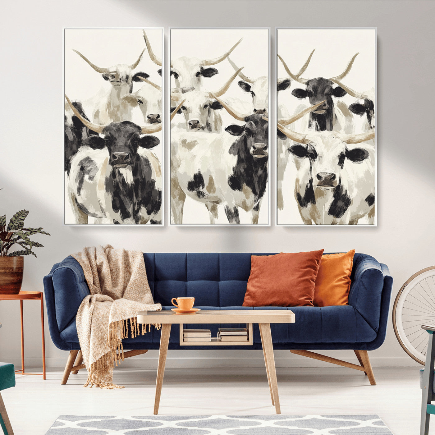 Canvas of a Texas Longhorn cattle herd in neutral black and white tones, ideal for rustic farmhouse or western-themed decor.