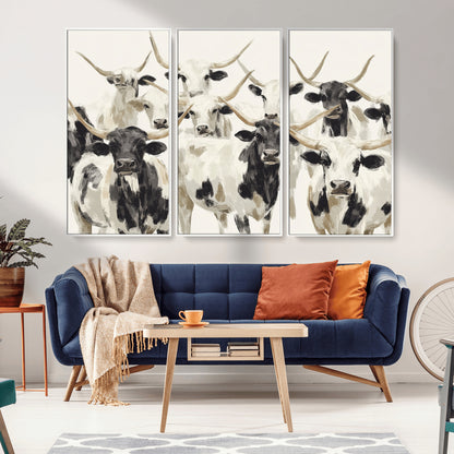 Canvas of a Texas Longhorn cattle herd in neutral black and white tones, ideal for rustic farmhouse or western-themed decor.