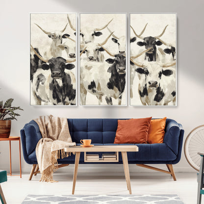 Canvas of a Texas Longhorn cattle herd in neutral black and white tones, ideal for rustic farmhouse or western-themed decor.
