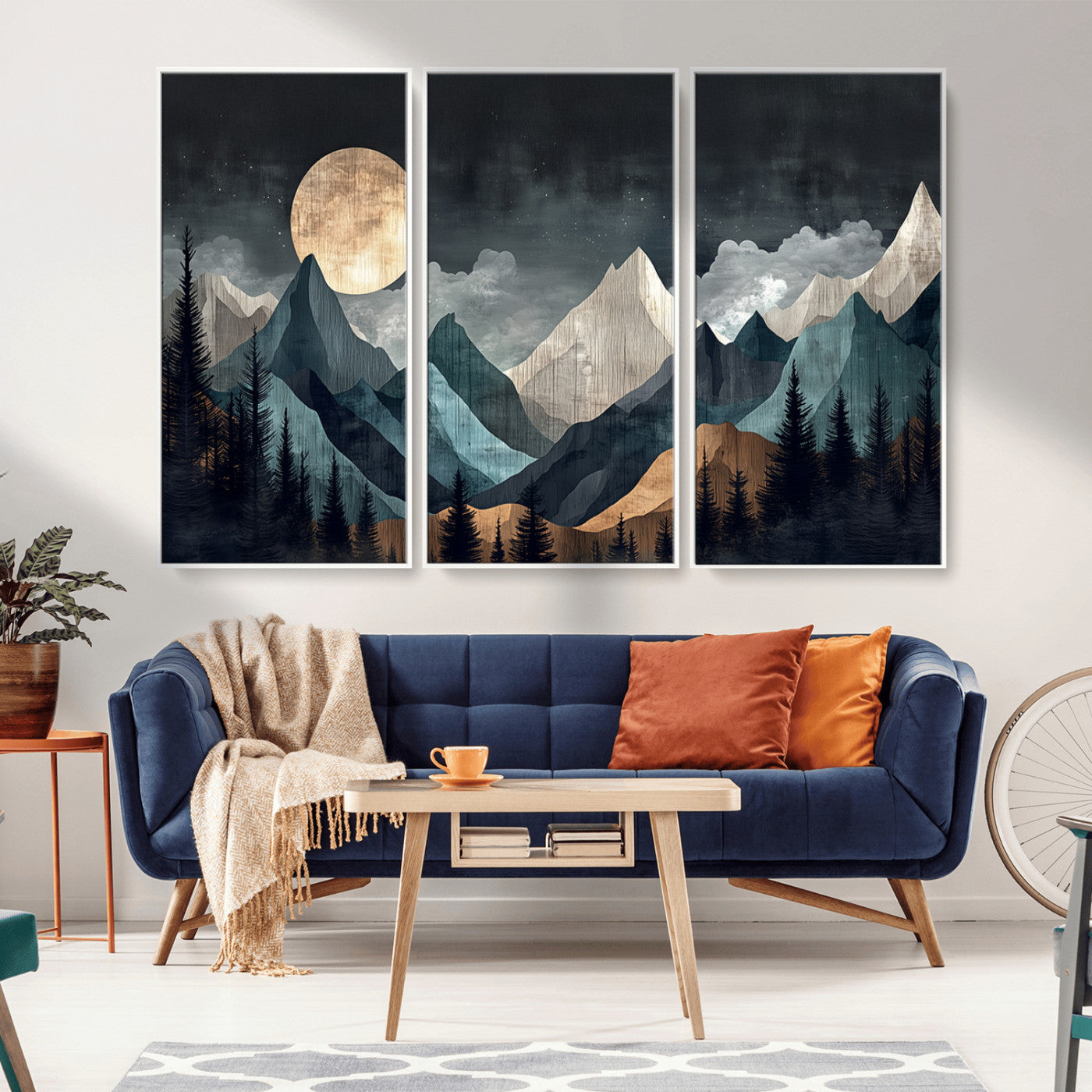Stylized canvas of layered mountains under a full moon in neutral moody tones, ideal for nature-inspired or modern rustic interiors.
