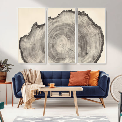 Detailed tree ring drawing in monochrome tones, ideal for rustic or nature-inspired interiors with a minimal decor aesthetic.