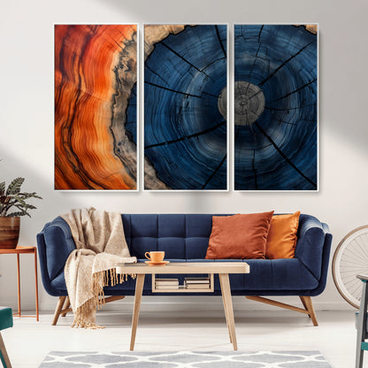 A captivating close-up of a tree trunk, showcasing its concentric rings in rich shades of blue, orange, and brown, highlighting the organic patterns of natural wood.