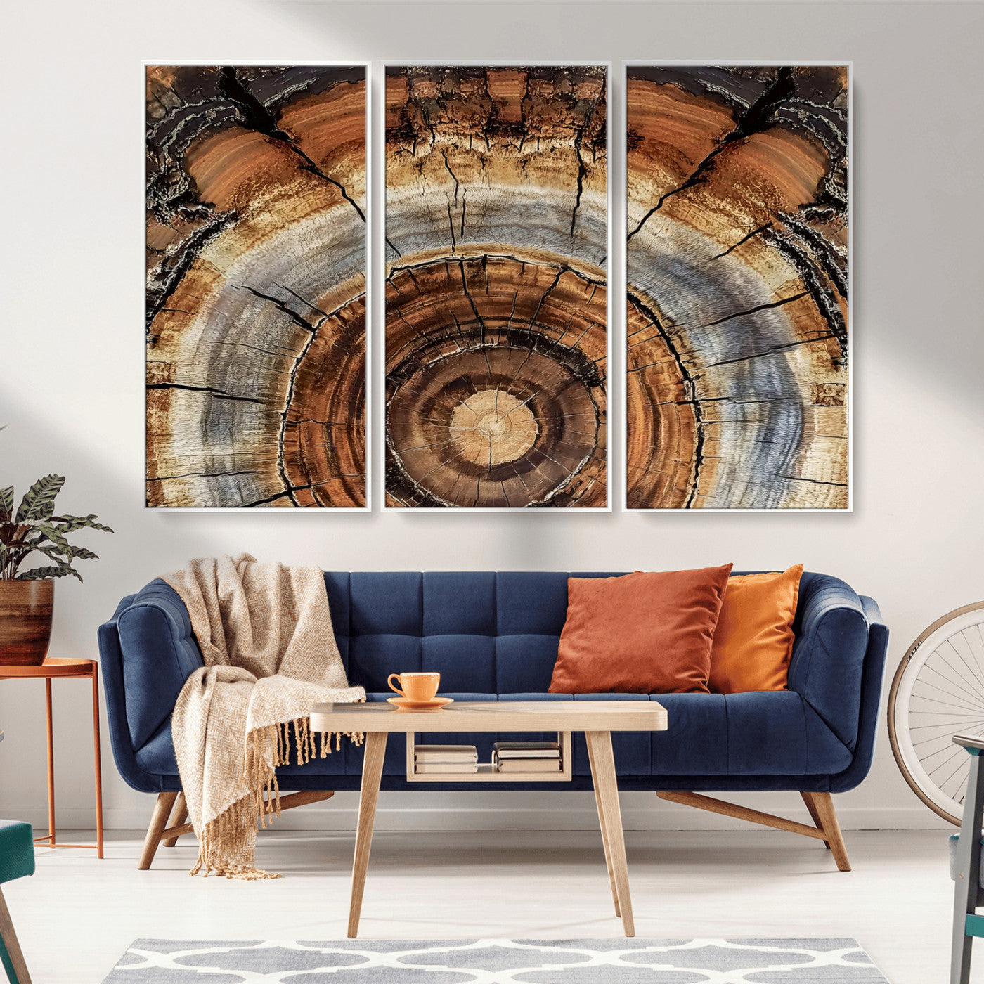 Canvas of tree rings and natural wood grain in earthy tones, ideal for rustic or vintage-inspired home decor with organic textures.