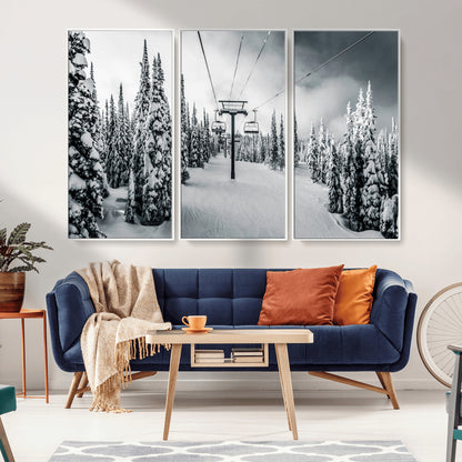 Canvas of a snowy ski lift scene through a forest of tall pine trees, ideal for moody winter or alpine-themed home decor.