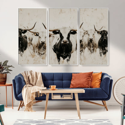 Illustrated herd of longhorn cattle in black and white tones with a neutral textured background, perfect for rustic or farmhouse-style decor.