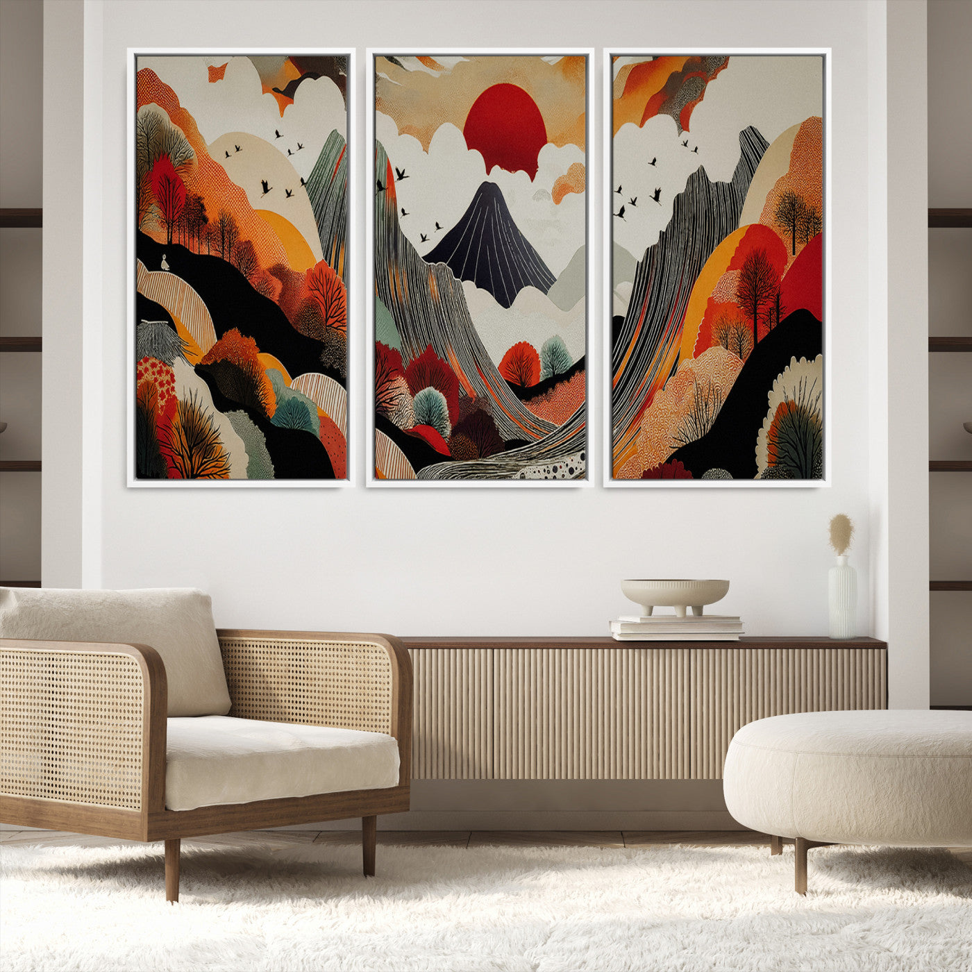 Abstract Mountain Wall Art Canvas Print, Vibrant Landscape Print, Framed Stylized Nature Drawing Art Print, Large Sunset Mountains Printing Perfect for Contemporary Minimalist Decor