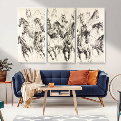 Monochrome ink sketch of galloping horses in dynamic motion, perfect for western or equine-themed wall decor with bold artistic energy.