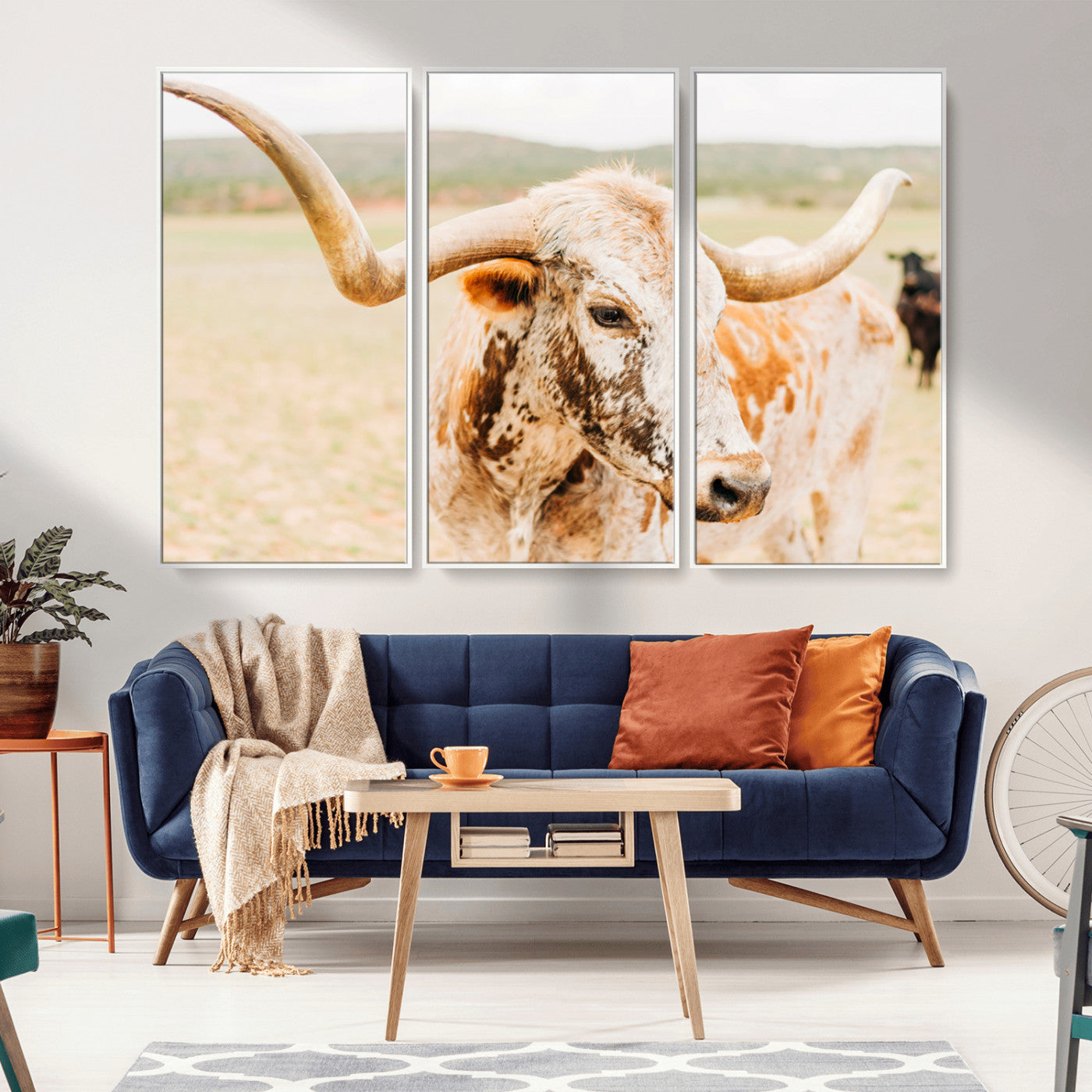 Close-up of a speckled Texas Longhorn in warm prairie tones, perfect for rustic western or countryside-themed room decor.