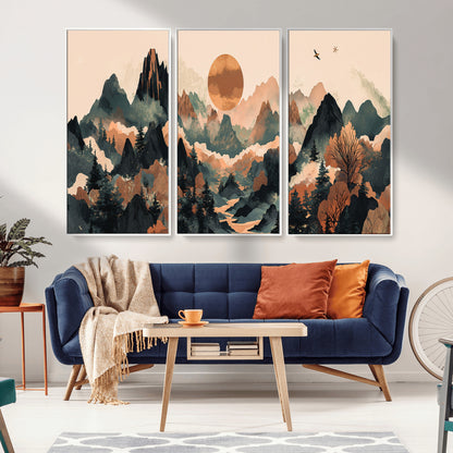 Mountain Landscape Wall Art Print - Sunset Hills Canvas Print, featuring an abstract nature scene with earthy tones and misty peaks, perfect for boho and modern decor.