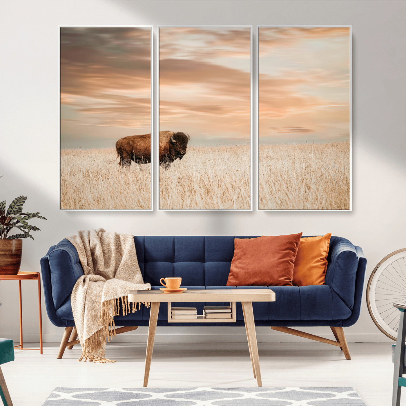 Bison Wall Art Print - Buffalo Canvas Print, featuring a lone bison in a golden prairie under a warm sunset sky, perfect for rustic and farmhouse decor.
