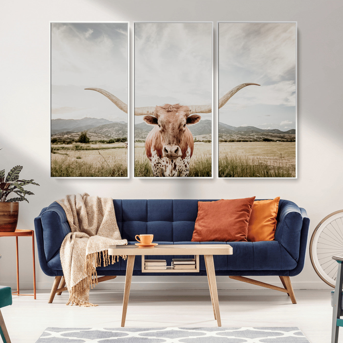 Longhorn Wall Art Print - Western Cow Canvas Print, featuring a majestic Texas longhorn in a rustic prairie setting, perfect for farmhouse and western decor.