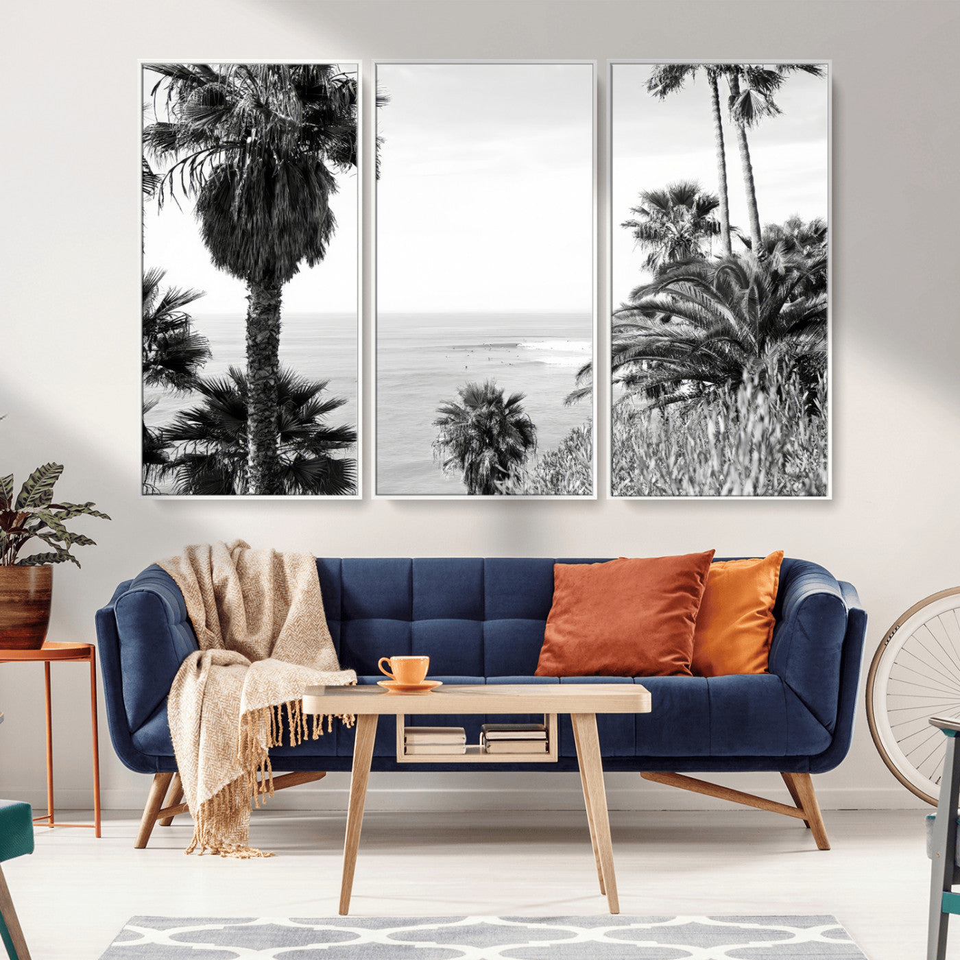 Monochrome canvas of palm trees framing a coastal surf scene, perfect for California-inspired or retro black-and-white beach decor.