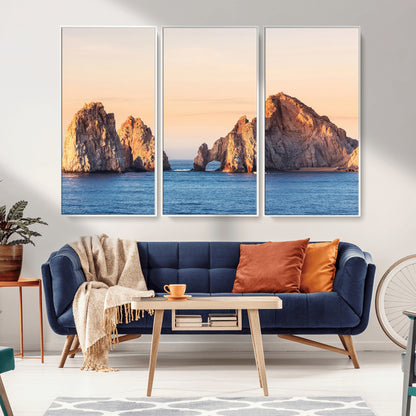 Framed canvas of El Arco rock formation in Cabo San Lucas at golden hour, ideal for coastal landmark or ocean-inspired decor.