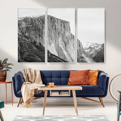 Monochrome canvas of El Capitan’s granite wall in Yosemite with snowy peaks, ideal for dramatic mountain or black-and-white nature decor.