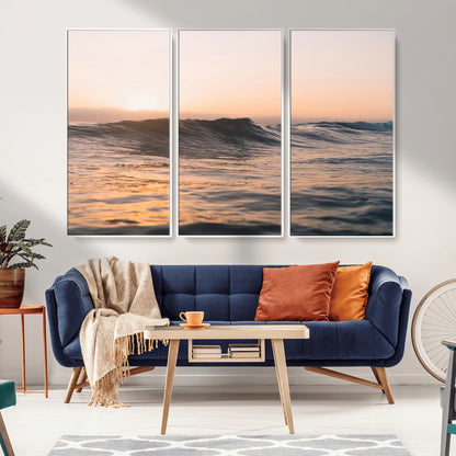 Framed canvas of ocean waves glowing in sunset light, ideal for golden hour calm or peaceful coastal-inspired wall decor.