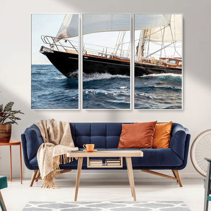 Close-up of a classic sailing yacht with wooden deck and full sails, perfect for nautical or coastal-style decor in ocean-themed spaces.