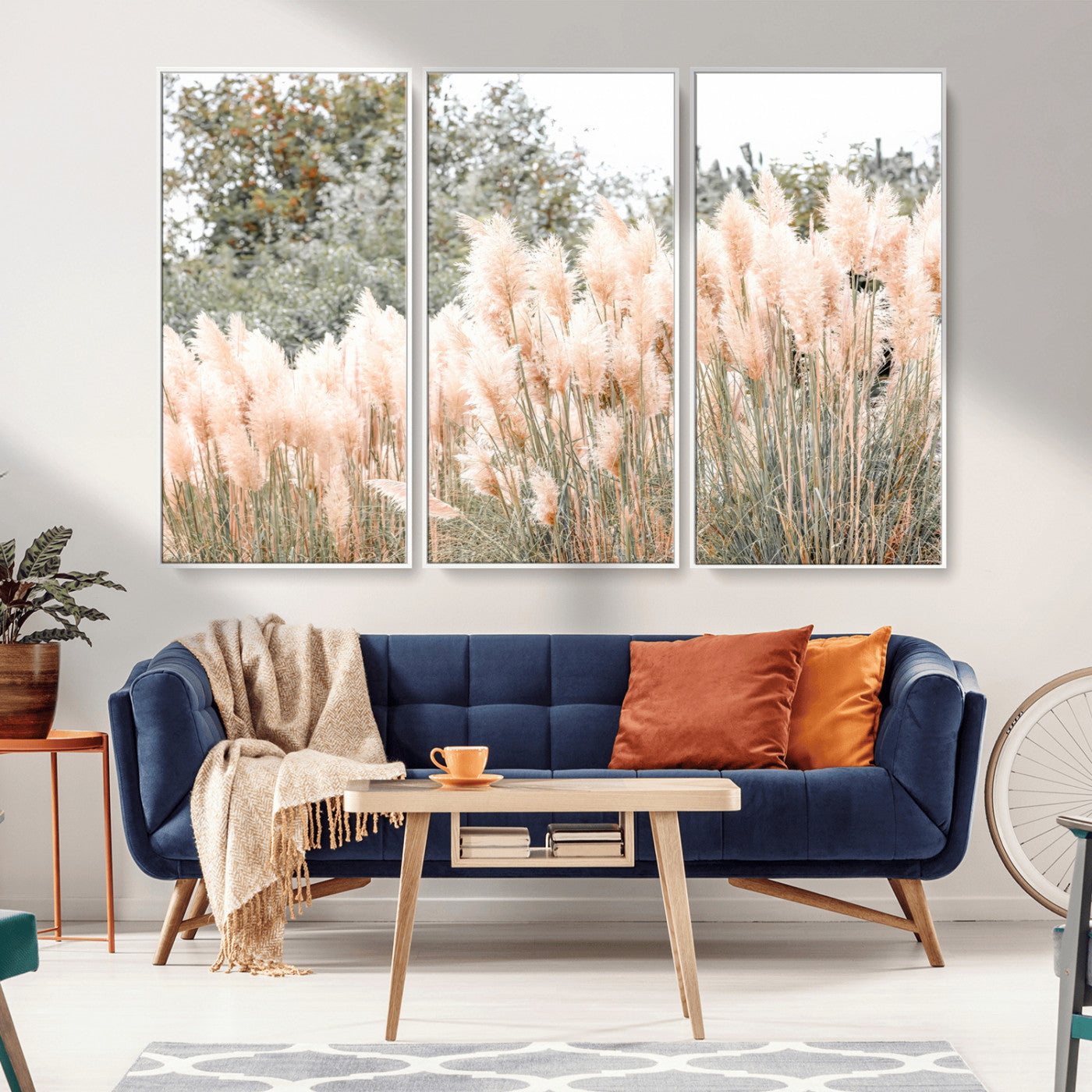 Soft pastel pampas grasses in a natural setting, ideal for neutral boho or rustic botanical-style interior wall decoration.