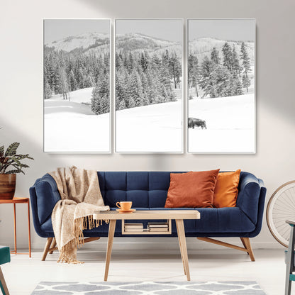 Snowy bison walking through white forest landscape, ideal for monochrome winter or wilderness-style interior wall decoration.