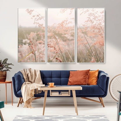 Soft pastel field with wild grasses in warm light, ideal for minimal nature or airy countryside-inspired interior wall decoration.