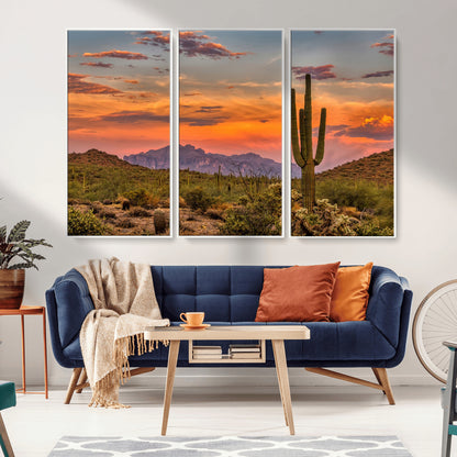 Vibrant desert sunset with saguaro cacti and distant mountains, perfect for Southwestern or warm-toned home decor.