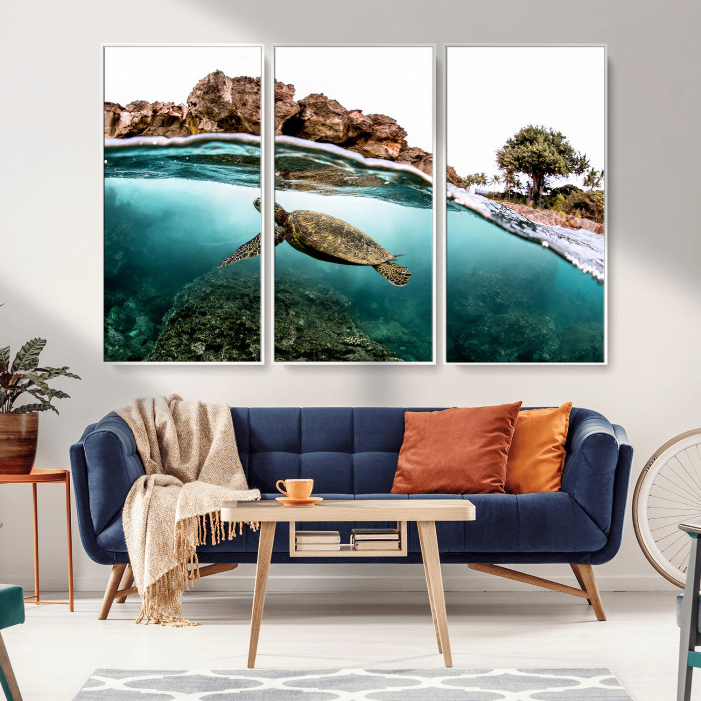 Dynamic split-view photo of a sea turtle swimming near rocky shores, perfect for vibrant coastal or tropical beach home decor.