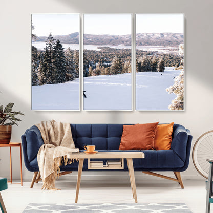 Canvas of a snowy mountain ski slope with pine trees and bright winter light, ideal for modern rustic or alpine-inspired home decor.