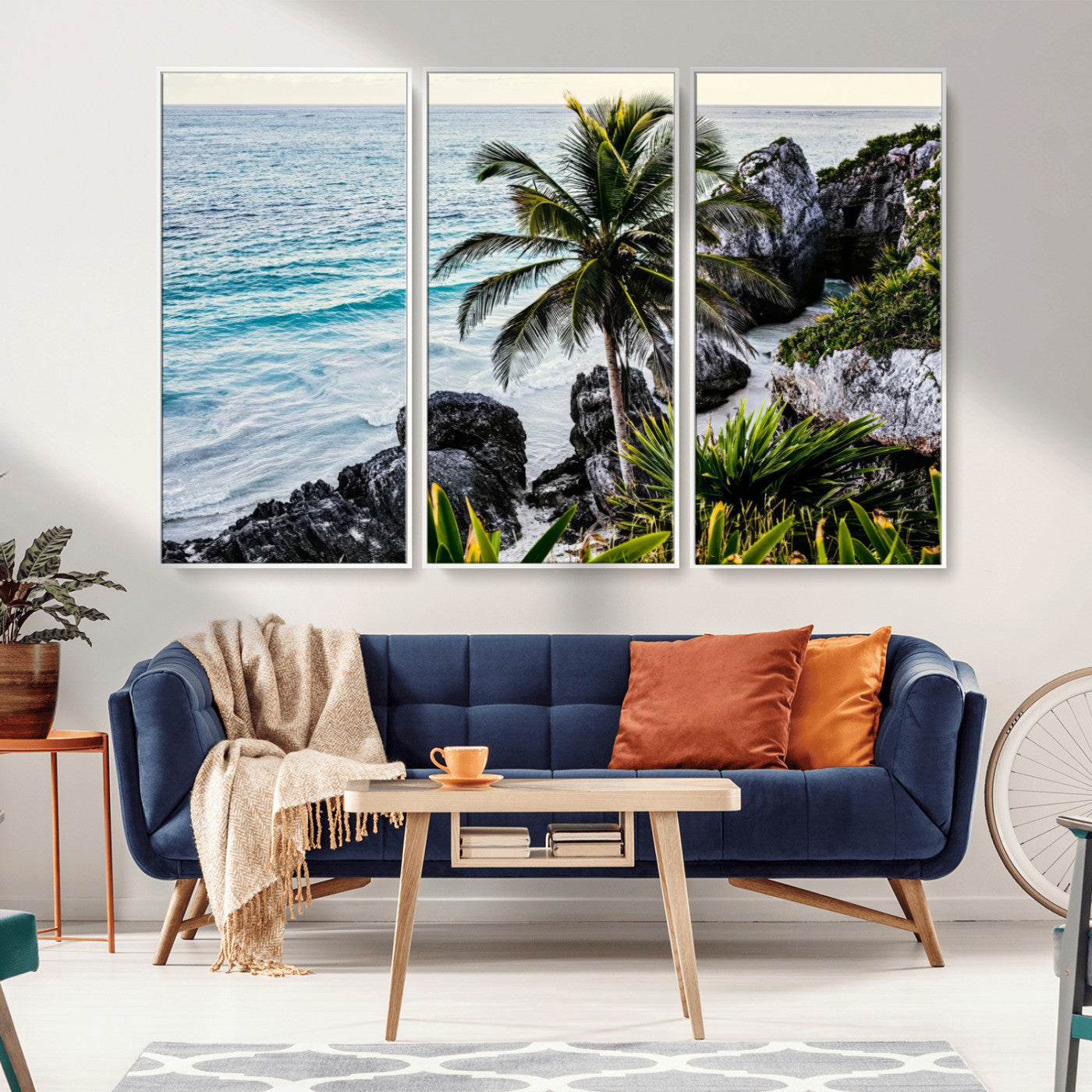 Framed canvas of a vibrant tropical coastline with palm trees, rocky cliffs, and turquoise waters, ideal for tropical coastal home decor.