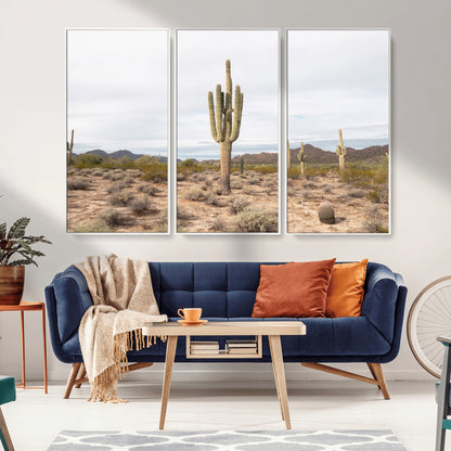 Canvas of a saguaro cactus in an earthy Sonoran desert landscape, ideal for Southwestern Boho or desert minimalism inspired home decor.   2/2