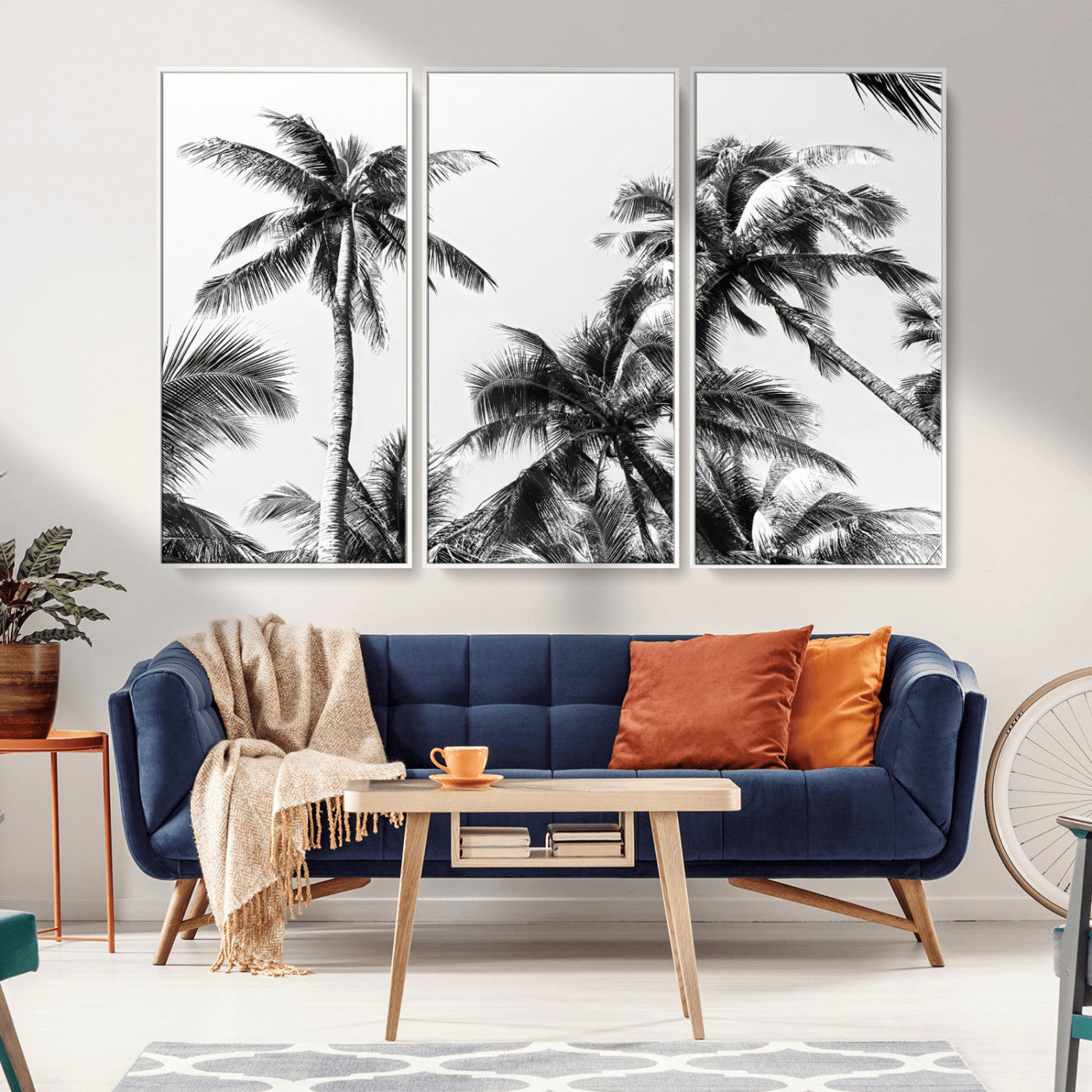 Black and white canvas of tall palm trees in moody tones, perfect for modern tropical minimalist or coastal-style home decor.