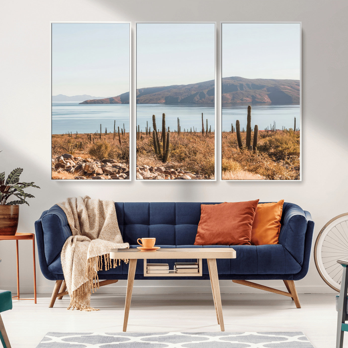 Warm desert landscape with cacti and coastal mountains, perfect for southwestern or earthy calm-themed home wall decor.