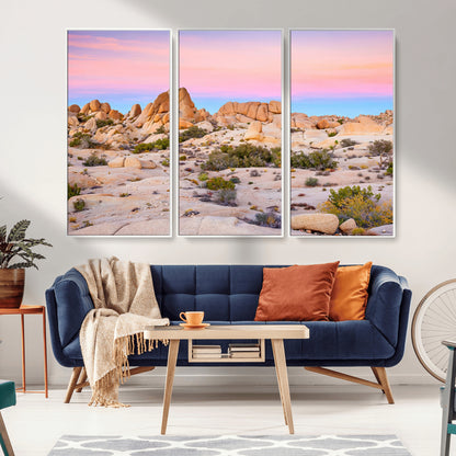 A breathtaking desert landscape featuring rugged rock formations under a vibrant pastel sunset sky, capturing the warmth and serenity of a Southwestern wilderness.
