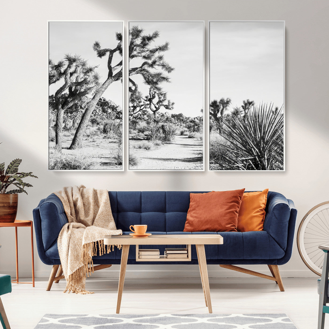 Canvas of a Joshua Tree forest in black and white tones, featuring a desert path and spiky vegetation, ideal for minimalist or rustic decor.