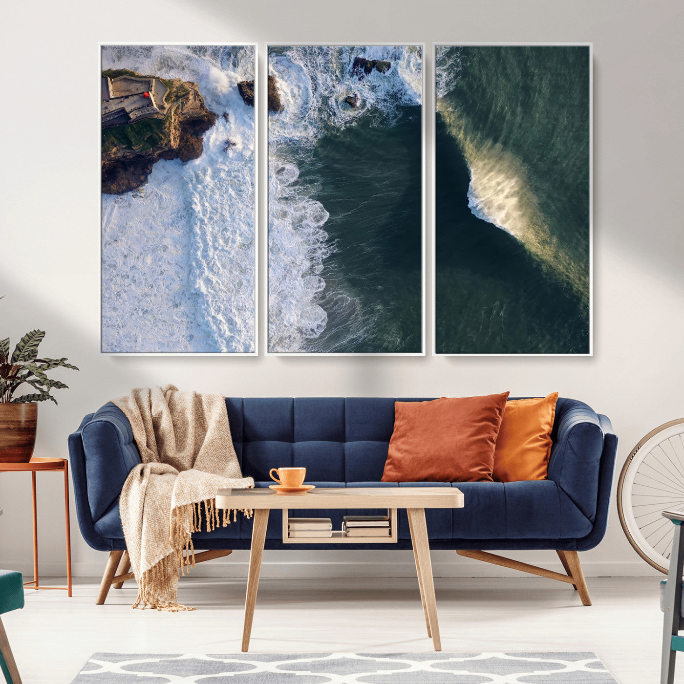 Canvas showing an aerial view of crashing waves along the Nazaré coastline, perfect for dramatic coastal or ocean-themed home decor.