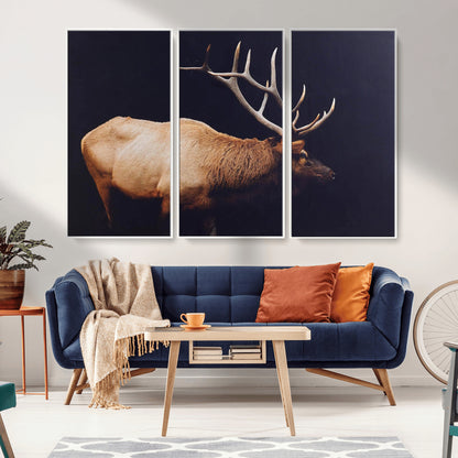 Side profile of an elk with large antlers on dark background, creating a bold rustic statement for cabin or Western-themed decor.