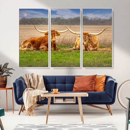 Two longhorn cows lying on green grass in front of a golden field and trees under a blue sky, perfect for rustic country wall decor.