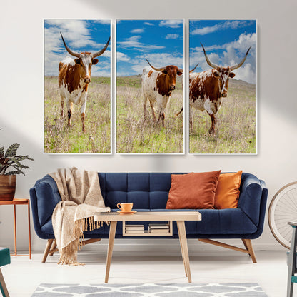 Three Texas longhorn cattle standing in dry grass under a bright blue sky, ideal for farmhouse or western rustic home decor.