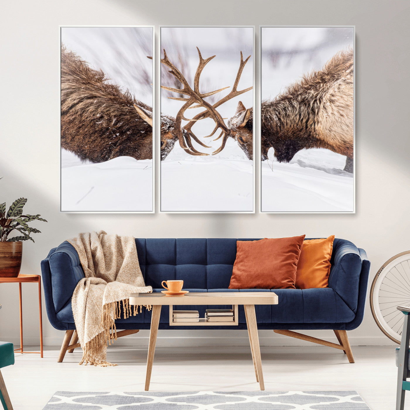 Two elk clashing antlers in a snowy forest, capturing raw power and wild energy, ideal for rustic cabin or lodge-style decor.