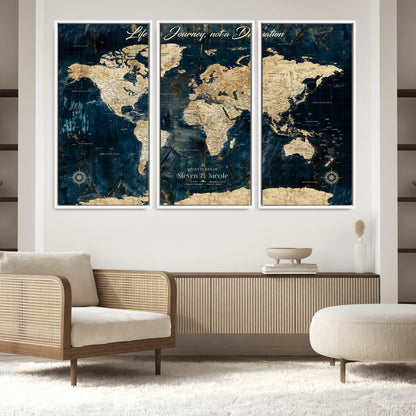 23551206-MGV-FC-48X32-3P_White-Old Style World Map with Push Pins – Framed Canvas Print for Wall, Track Past and Future Adventures in a Decorative Way - H15