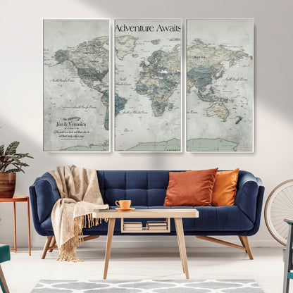 Customize Push Pin World Map Wall Canvas Print – Personalized Travel Tracker with Pins – Framed Custom Quotie Canvas for Home Office Decor