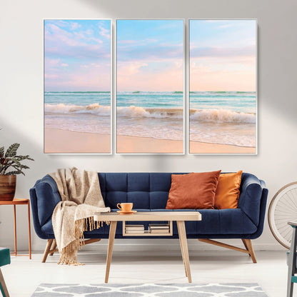 A peaceful beach scene with soft pastel skies, gentle waves washing up on the sandy shore, creating a calm and serene ocean view.