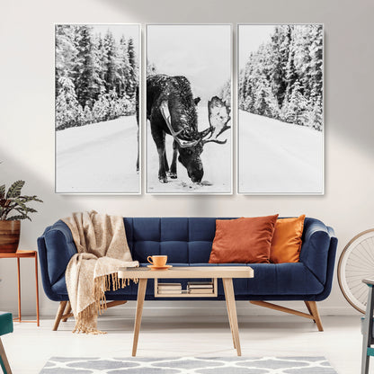 A majestic moose grazing in the snow-covered wilderness, surrounded by snow-covered trees, creating a peaceful winter scene.