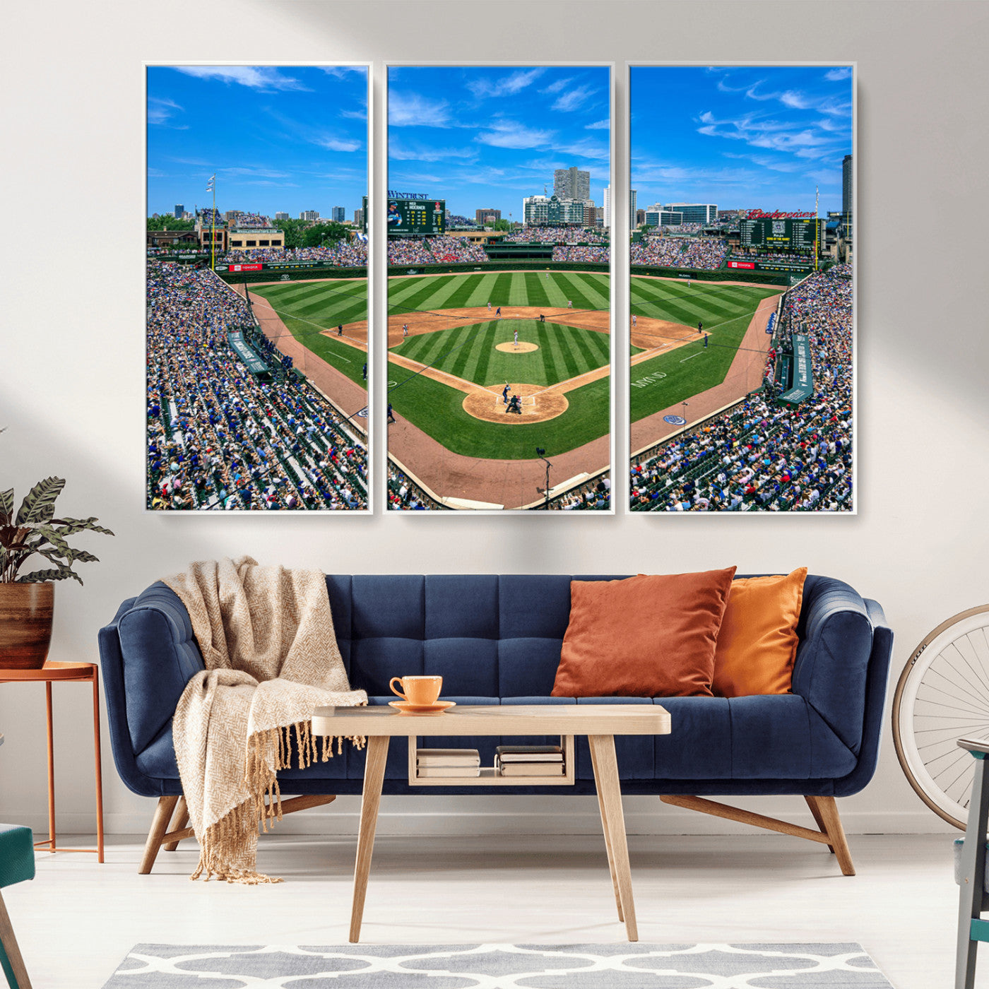 Wrigley Field Baseball Stadium Canvas Wall Art, Packed Crowd Sports Stadium Print, City Skyline Baseball Field Canvas for Game Room Decor