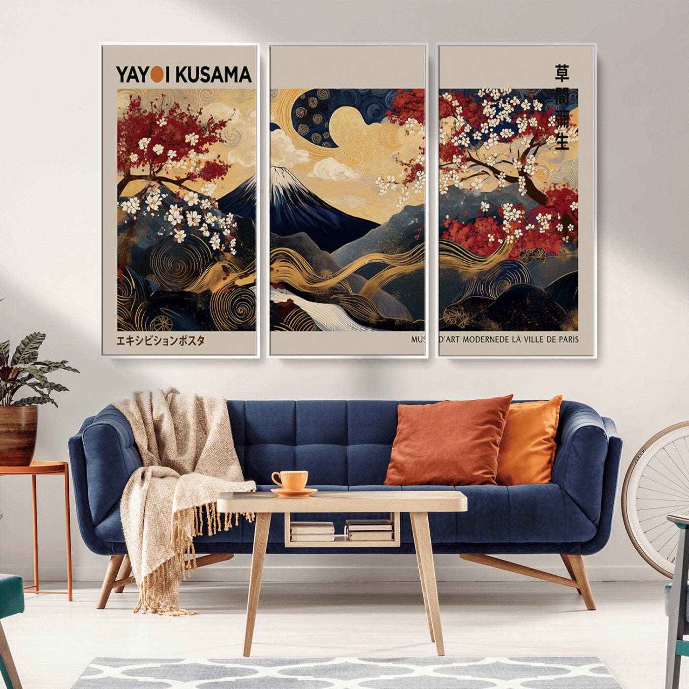 Yayoi Kusama's artwork featuring Mount Fuji, blooming cherry trees, and intricate swirls, blending traditional Japanese elements with vibrant color.