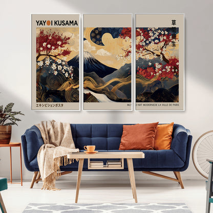 Yayoi Kusama's artwork featuring Mount Fuji, blooming cherry trees, and intricate swirls, blending traditional Japanese elements with vibrant color.