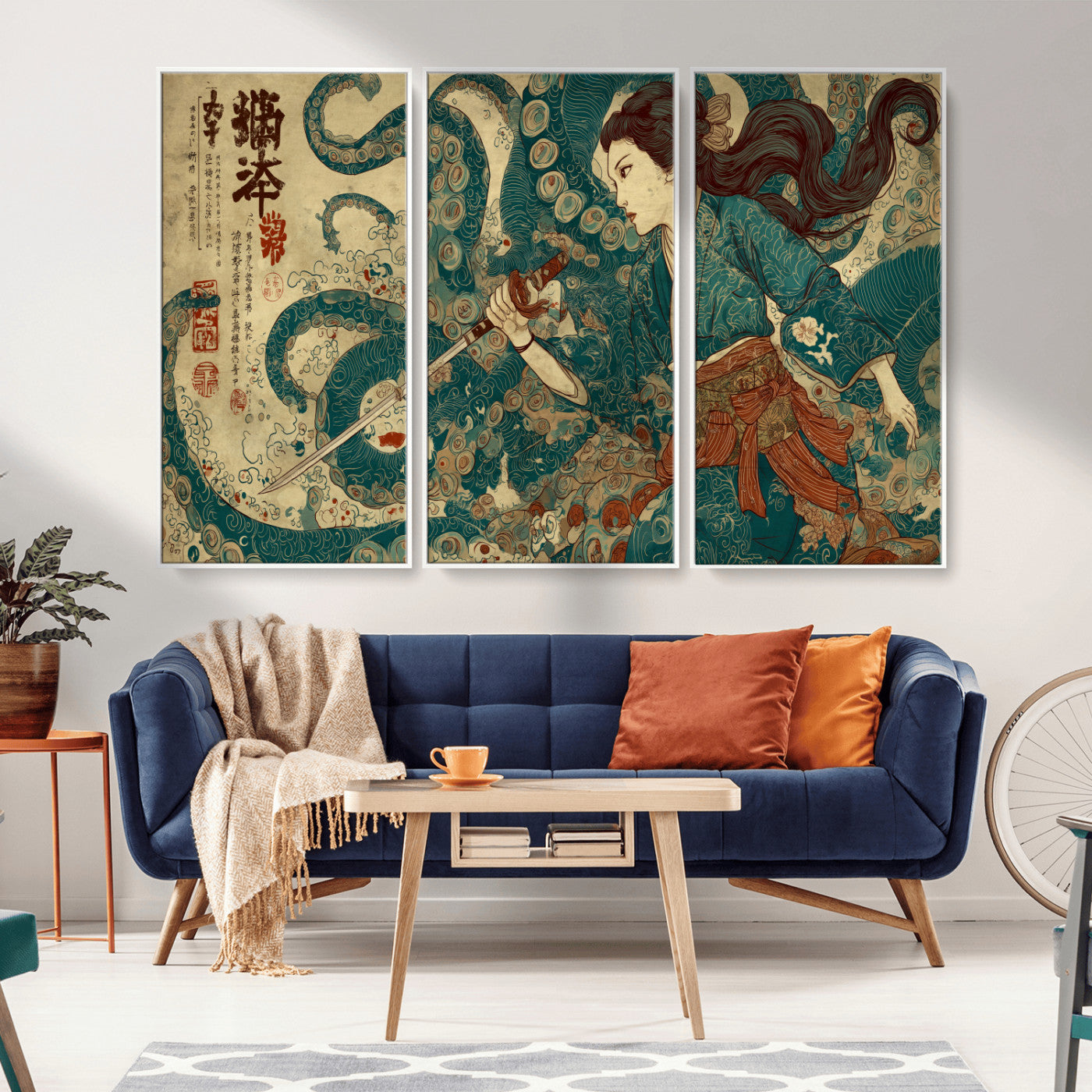 Tsukioka Yoshitoshi Samurai Wall Art Print, Japanese Katana Warrior Canvas Wall Art, Octopus Sea Monster Canvas Print,