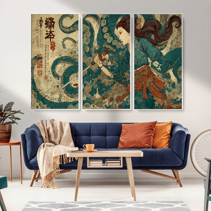 Tsukioka Yoshitoshi Samurai Wall Art Print, Japanese Katana Warrior Canvas Wall Art, Octopus Sea Monster Canvas Print,