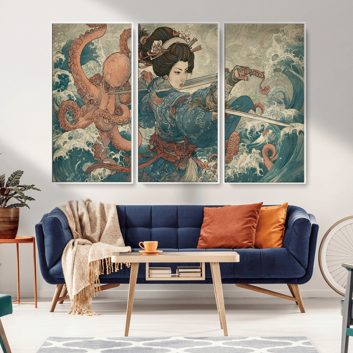 Tsukioka Yoshitoshi Samurai Wall Art Print, Japanese Katana Warrior Canvas Wall Art, Octopus Sea Monster Canvas Print,